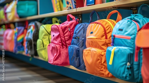Backpacks and lunchboxes lined up in a school cubby area, with room for copy. photo