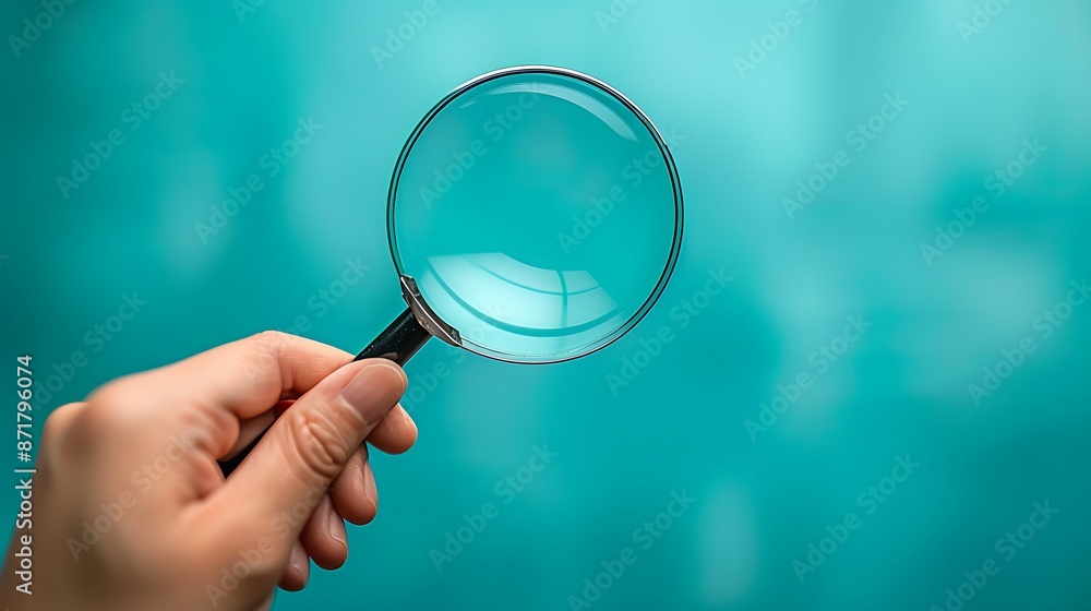 Magnifying glass in hand, isolated on blue background Magnifying glass in hand, isolated on blue background