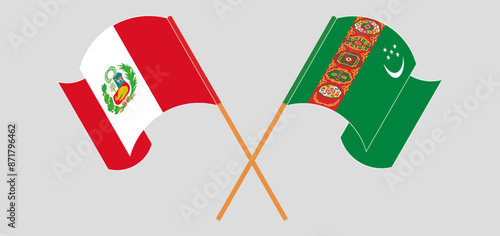 Crossed and waving flags of Peru and Turkmenistan