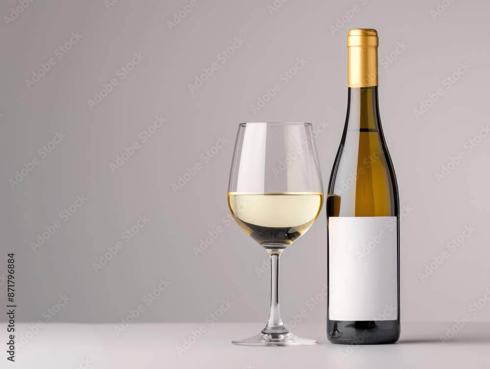 Elegant glass of white wine and bottle on a simple backdrop selective focus, refined taste, dynamic, manipulation, sleek setting Elegant glass of white wine and bottle on a simple backdrop selective focus, refined taste, dynamic, manipulation, sleek setting