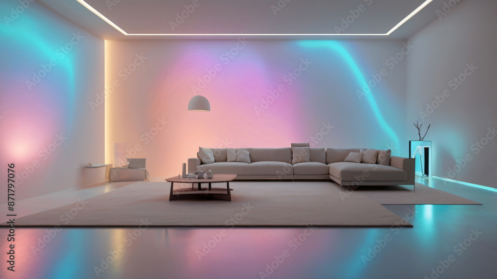 Holographic neon interior design background, room with holographic walls and furniture, copy space Holographic neon interior design background, room with holographic walls and furniture, copy space
