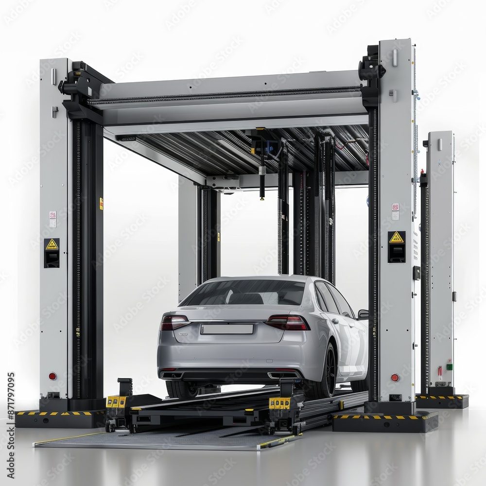 Futuristic Robotic Valet Parking System in Automated Garage on White Background with Copy Space - Advanced Parking Technology Futuristic Robotic Valet Parking System in Automated Garage on White Background with Copy Space - Advanced Parking Technology