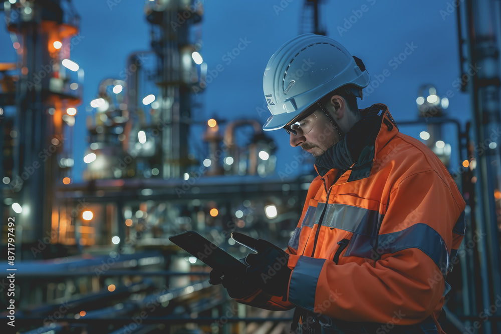 Worker in safety gear using a tablet to monitor nocturnal activities at an industrial plant. Worker in safety gear using a tablet to monitor nocturnal activities at an industrial plant.