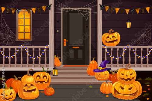 Cartoon Halloween pumpkins on the holiday door porch, welcome trick-or-treaters to a world of spooky delights and enchantment. Vector background with grinning jack lanterns inviting for festive night