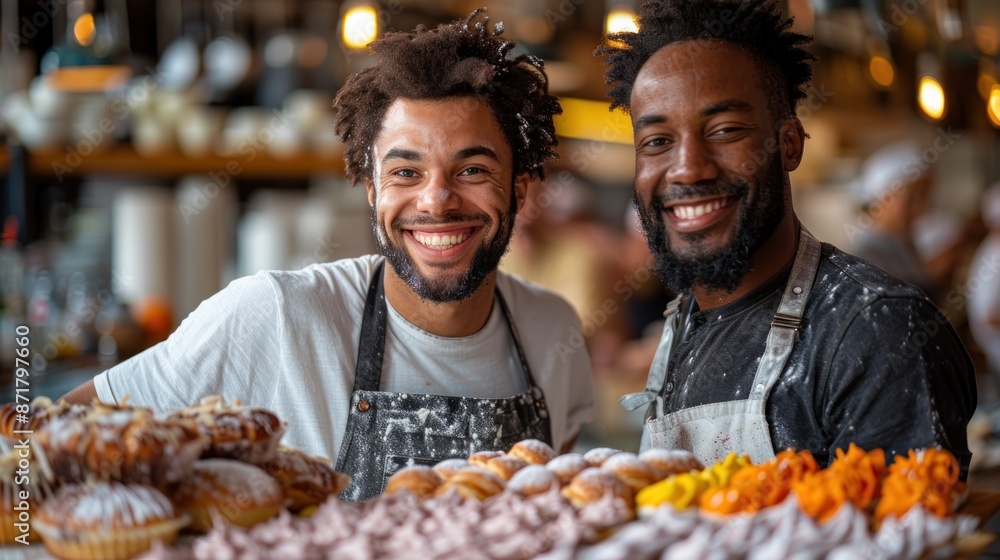 Happy gay couple preparing food for celebrating birthday. Happy gay couple preparing food for celebrating birthday.