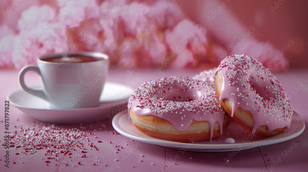 Donuts with icing drizzles and a cup of hot chocolate Donuts with icing drizzles and a cup of hot chocolate