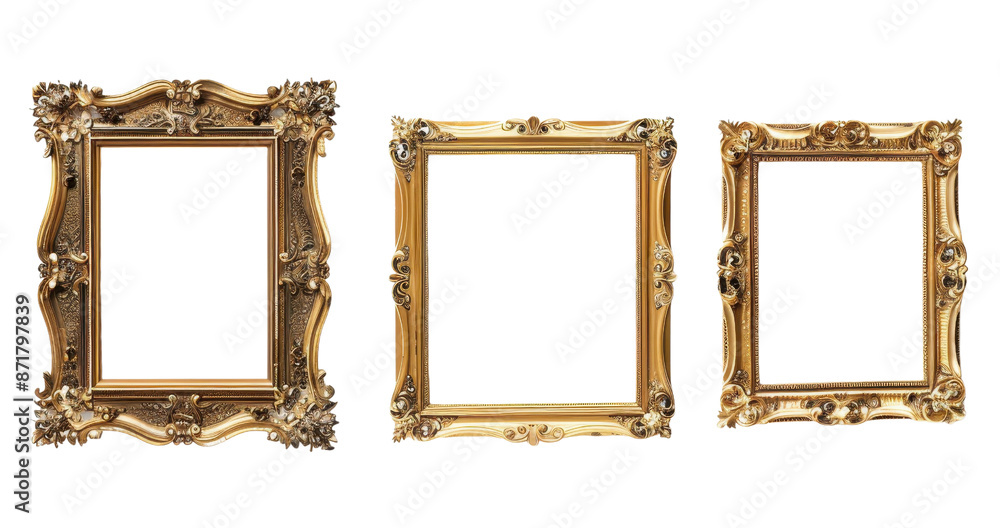 Set of three ornate golden frames in different designs and sizes, perfect for art and photography display. Isolated on a transparent background. Set of three ornate golden frames in different designs and sizes, perfect for art and photography display. Isolated on a transparent background.