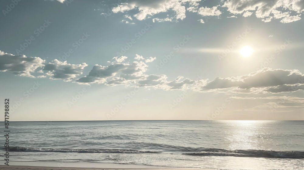 Fototapeta premium Serene seashore with calm ocean and cloudy sky