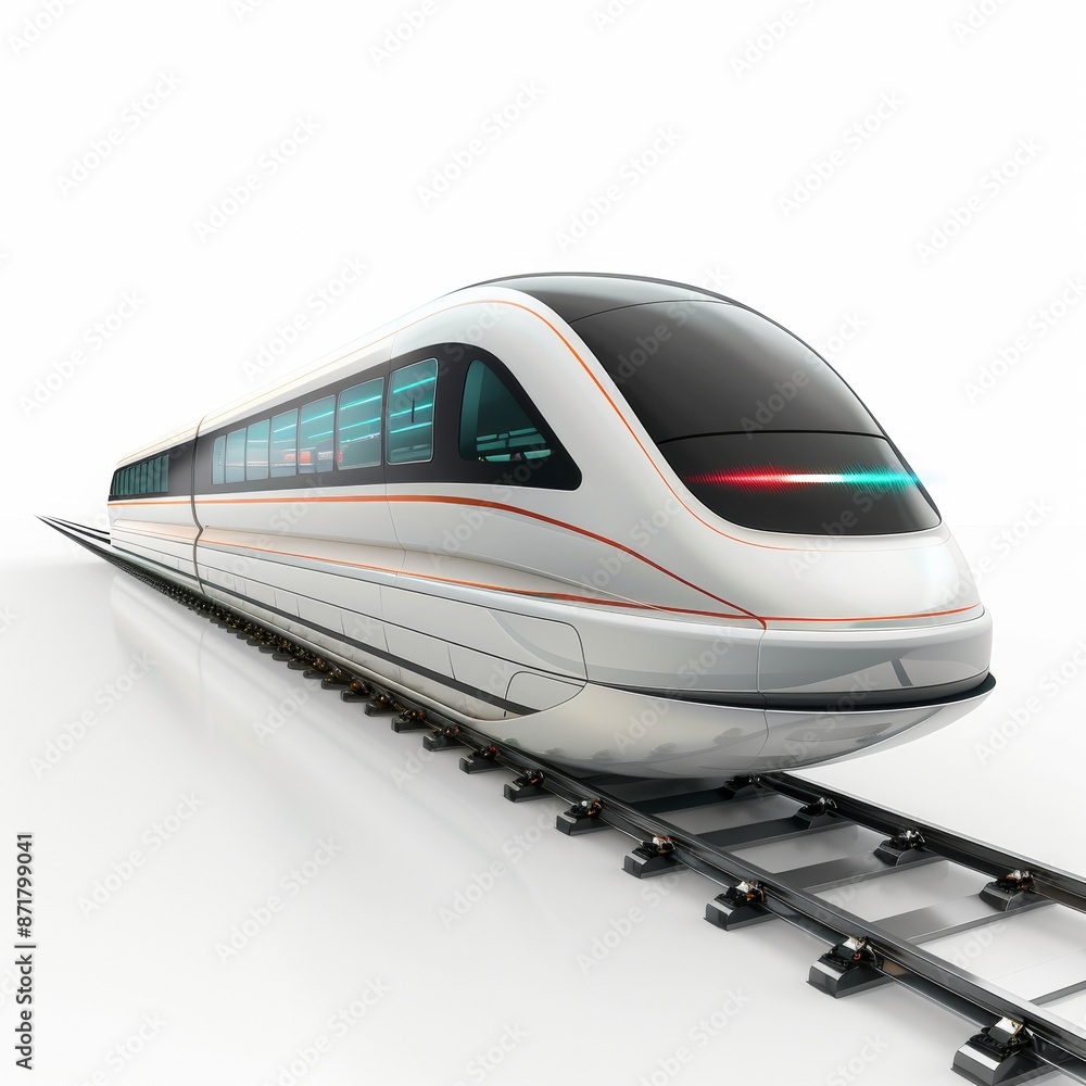 Naklejka premium Futuristic Maglev Train Speeding on Tracks, High-Speed Transportation Technology on Isolated White Background with Copy Space