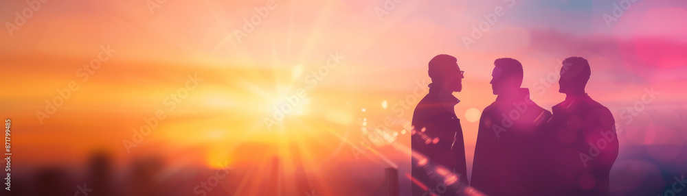Business team in silhouette with a glowing sunset behind them focus on collaboration, whimsical, composite, skyscraper backdrop Business team in silhouette with a glowing sunset behind them focus on collaboration, whimsical, composite, skyscraper backdrop