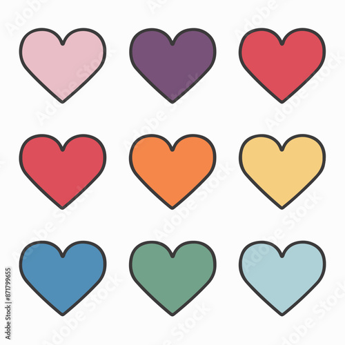 A grid of nine heart-shaped icons, each with a distinct color. They are arranged in a 3x3 matrix, with the colors being pink, purple, red, orange, yellow, light blue, dark blue, green, and teal. 