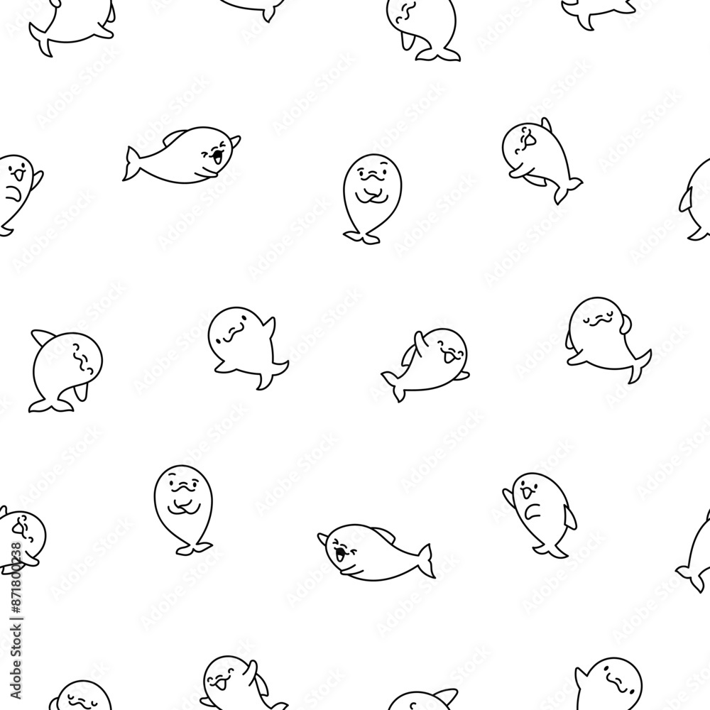 Funny dolphin characters. Seamless pattern. Coloring Page. Cute cartoon kawaii sea animal. Hand drawn style. Vector drawing. Design ornaments. Funny dolphin characters. Seamless pattern. Coloring Page. Cute cartoon kawaii sea animal. Hand drawn style. Vector drawing. Design ornaments.