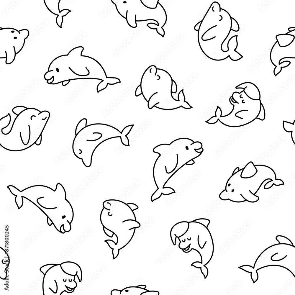 Fototapeta premium Cute kawaii dolphin in different poses. Seamless pattern. Coloring Page. Funny cartoon marine character. Hand drawn style. Vector drawing. Design ornaments.