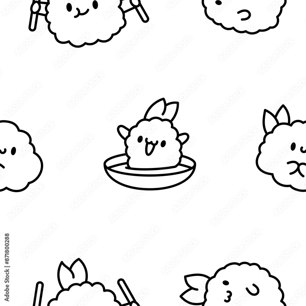 Cute happy kawaii tempura shrimp. Seamless pattern. Coloring Page. Funny cartoon food character. Hand drawn style. Vector drawing. Design ornaments. Cute happy kawaii tempura shrimp. Seamless pattern. Coloring Page. Funny cartoon food character. Hand drawn style. Vector drawing. Design ornaments.