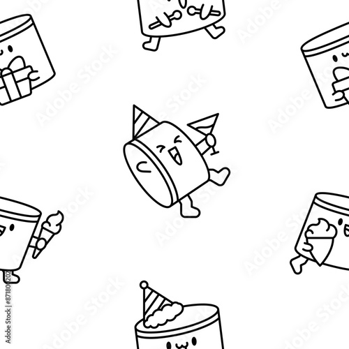Cartoon kawaii drum character with sticks. Seamless pattern. Coloring Page. Funny musical personage with drumsticks. Hand drawn style. Vector drawing. Design ornaments.