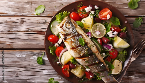 Baked seabass with Greek salad on wooden table. Top view