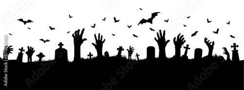 Zombie hands on cemetery silhouette, Halloween holiday and horror night vector background. Dead and undead zombie hands reaching out of graves with tombstones on graveyard and flying bats silhouettes