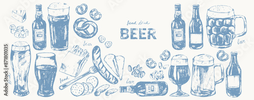 Vector beer illustration set. Beer bottles, glass, mug, snacks, hand holding beer bottle