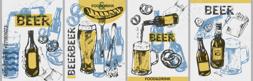 Vector beer illustration set. Beer bottles, glass, mug, snacks, hand holding beer bottle