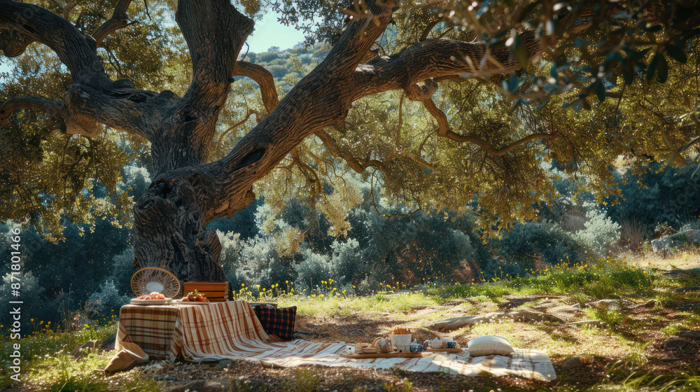 Picnic setup under a large, shady tree Picnic setup under a large, shady tree