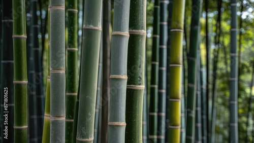 A charming photo of a textured bamboo grove, with sunlight filtering through the leaves.. photo