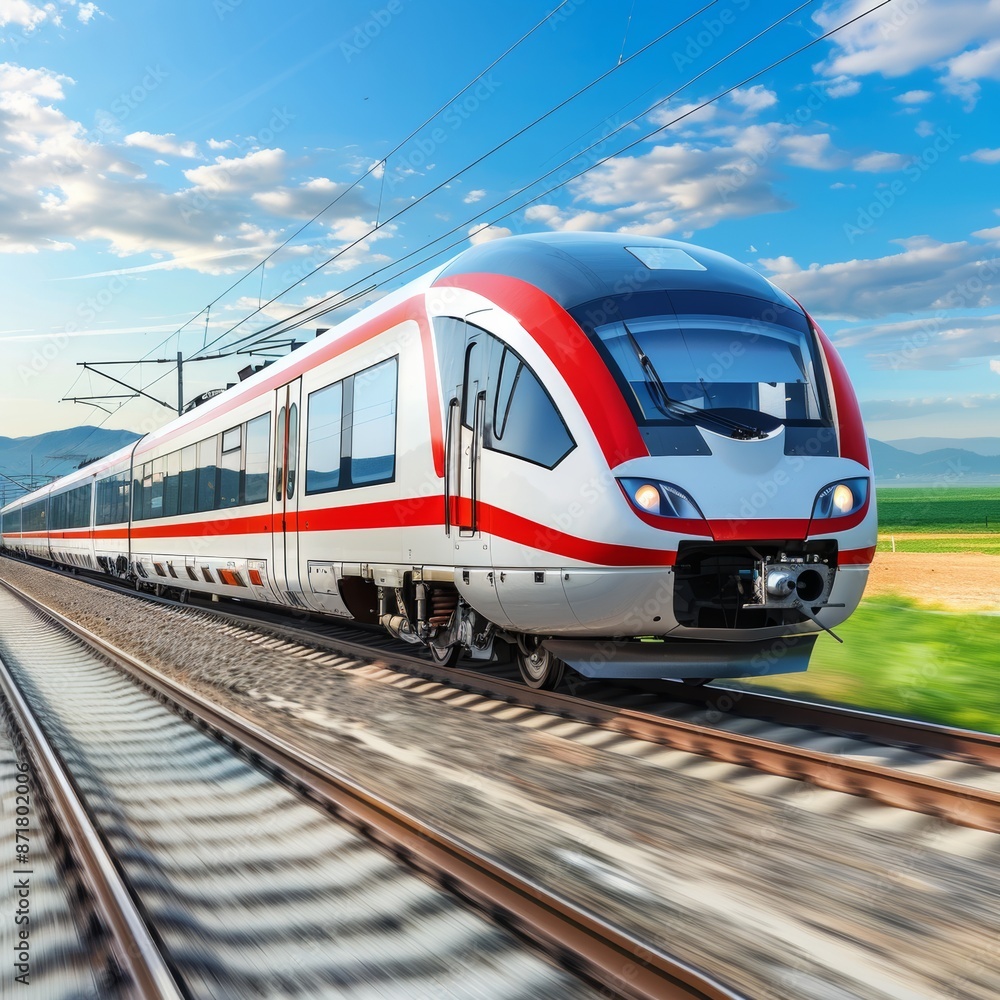 Naklejka premium Modern Electric Train with Panoramic Windows on Scenic Countryside Route | Isolated White Background for Copy Space Concept
