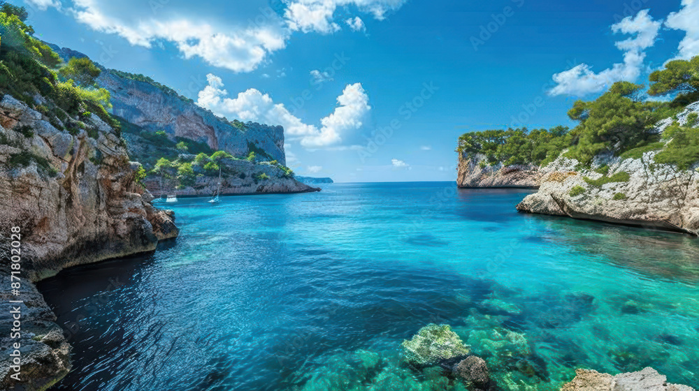 Scenic coastline with cliffs and clear blue water under a bright sky Scenic coastline with cliffs and clear blue water under a bright sky