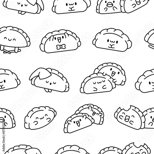 Cute kawaii dumpling. Seamless pattern. Coloring Page. Cartoon Chinese food characters. Hand drawn style. Vector drawing. Design ornaments.