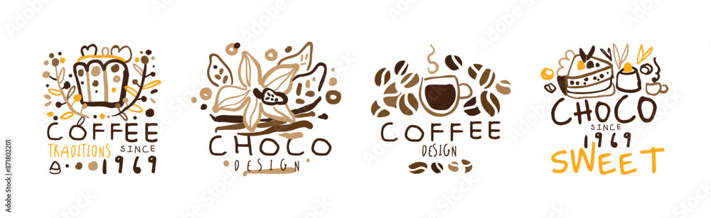 Chocolate and Coffee Original Label and Logo Design Vector Set Chocolate and Coffee Original Label and Logo Design Vector Set
