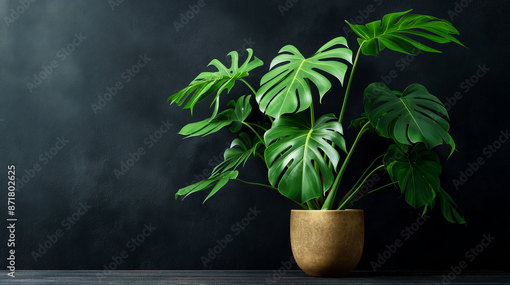 Modern tropical plant in a wooden pot against a vibrant dark textured wall background Modern tropical plant in a wooden pot against a vibrant dark textured wall background