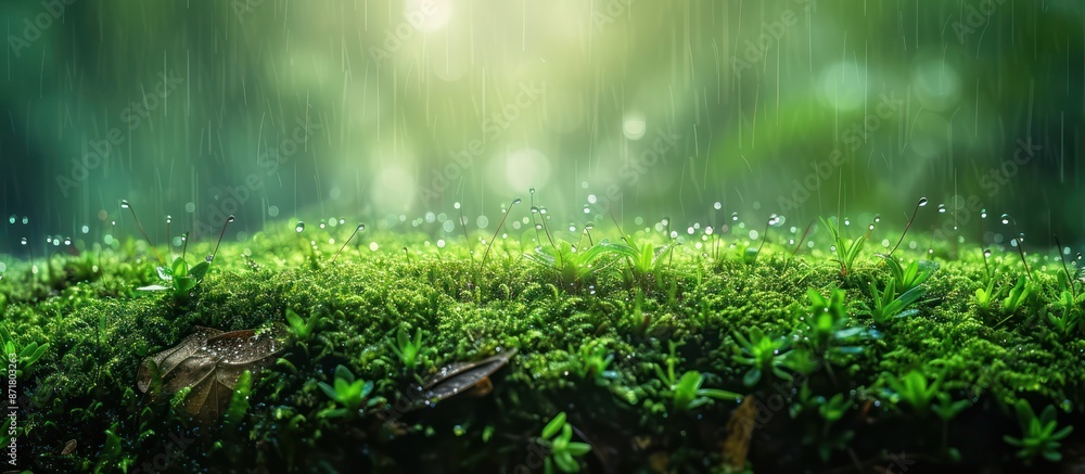 Close-up of lush green moss growing on a forest floor with a blurred background of green leaves and dappled sunlight. Close-up of lush green moss growing on a forest floor with a blurred background of green leaves and dappled sunlight.