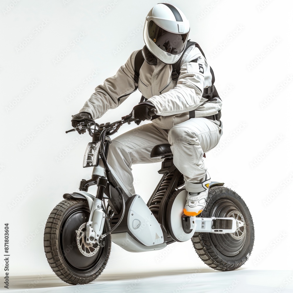 Futuristic Electric Unicycle Commuting in City Streets - Personal Mobility on Innovative Transport Device against Isolated White Background with Copy Space Futuristic Electric Unicycle Commuting in City Streets - Personal Mobility on Innovative Transport Device against Isolated White Background with Copy Space
