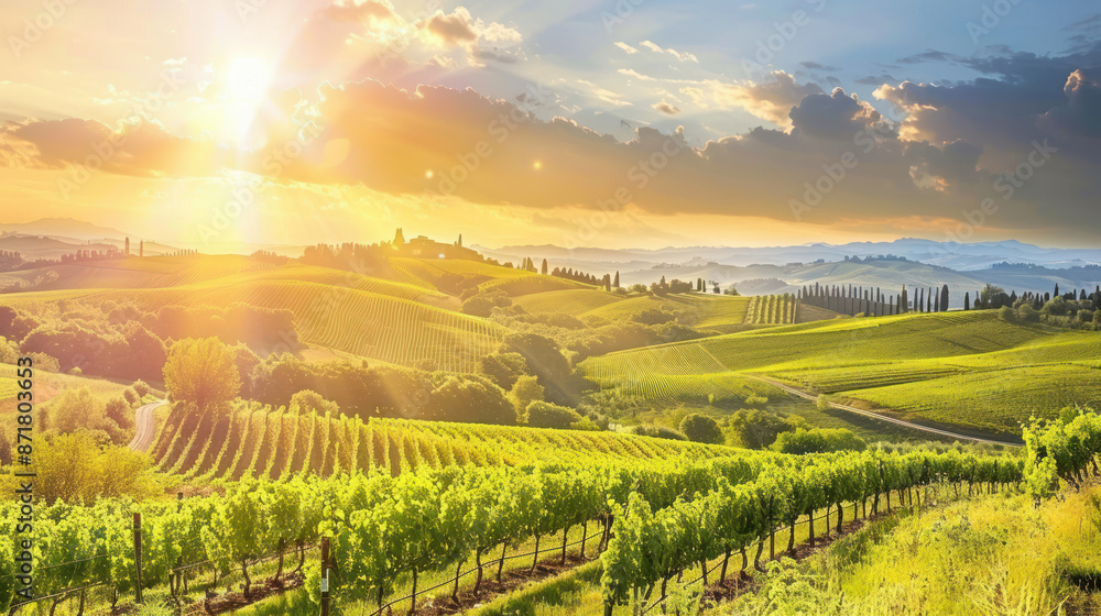Fototapeta premium Scenic vineyard with rolling hills and bright sun