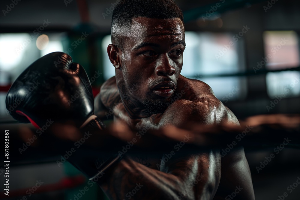 A boxer in gloves trains in the ring, intense training A boxer in gloves trains in the ring, intense training