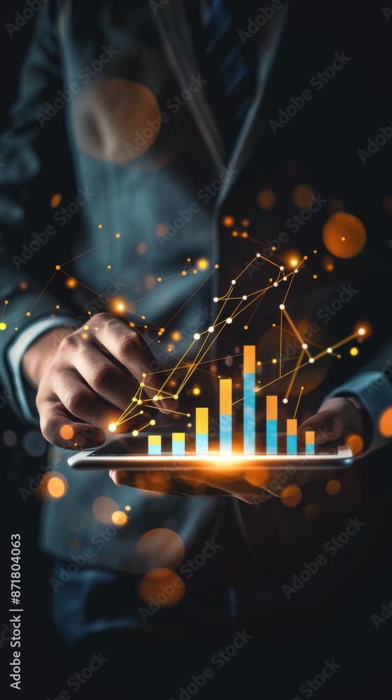 businessman's hand manipulating a tablet with a 3d graph chart businessman's hand manipulating a tablet with a 3d graph chart