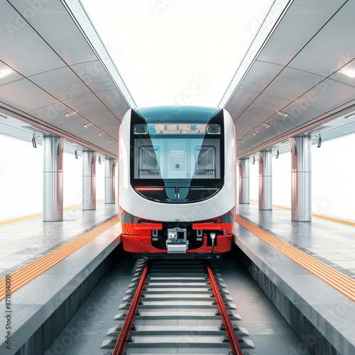 Futuristic Automated Subway Train Arriving at Station on White Background, Urban Transit Concept with Copy Space