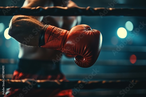 A boxer in gloves trains in the ring, intense training