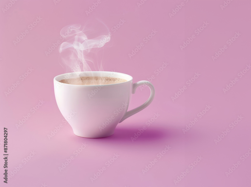 A white cup of coffee with steam coming from it on top solid light pink background A white cup of coffee with steam coming from it on top solid light pink background