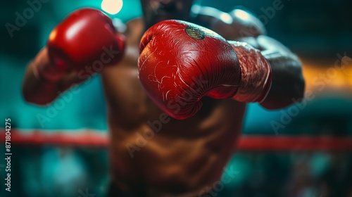 A boxer in gloves trains in the ring, intense training