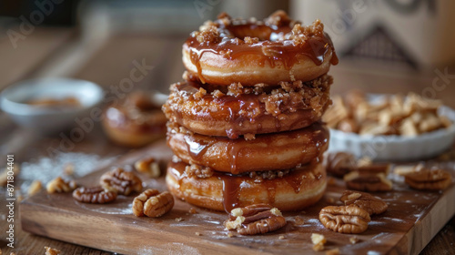 Stack of donuts with caramel and nuts on a cutting board