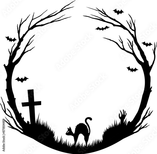 Halloween creepy round black frame. Halloween holiday spooky decoration, evil magic or horror creepy vector border or frame with black cat, cemetery grave cross and dry wood, flying bats silhouettes