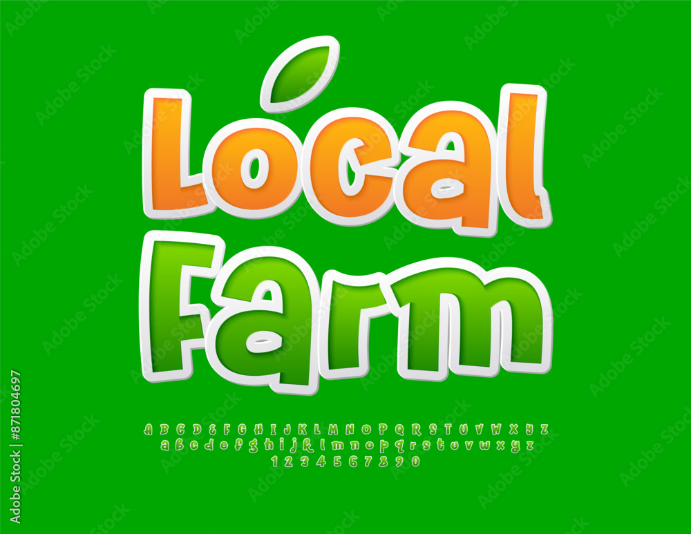 Naklejka premium Vector advertising badge Local Farm. Green sticker Font. Funny Bright Alphabet Letters and Numbers set. 