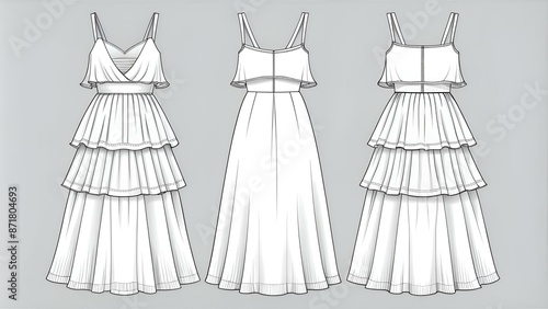 Vector flared long dress fashion CAD, woman maxi dress with shoulder straps technical drawing, frill detail dress flat, template, sketch. Jersey or woven fabric dress, front, back view, white color photo