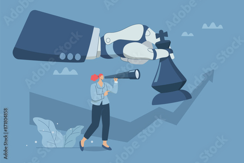 Support of AI, Finding strategies and planning business competitions, Working with artificial intelligence, Businesswoman uses binoculars to find business strategies with robot hands holding chess.