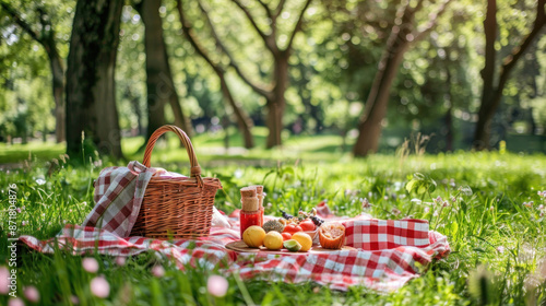 Fototapeta Naklejka Na Ścianę i Meble -  Summer picnic scene with a blanket, basket, and food in a park