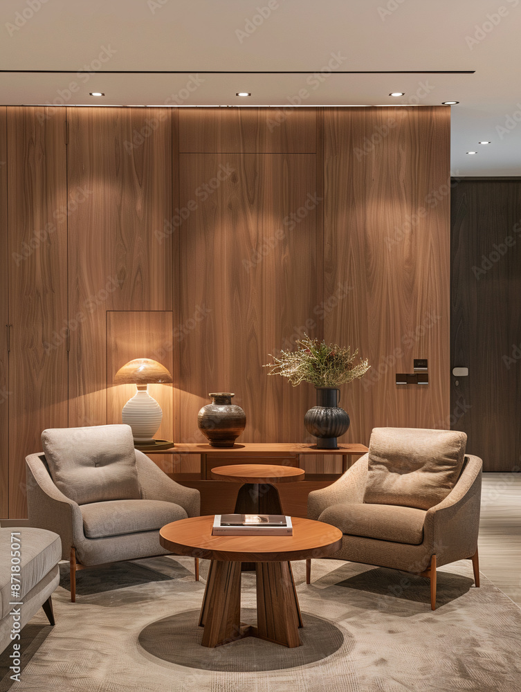 Fototapeta premium modern minimalistic luxurious tasteful living room with armchairs and wooden wall and ceiling lights
