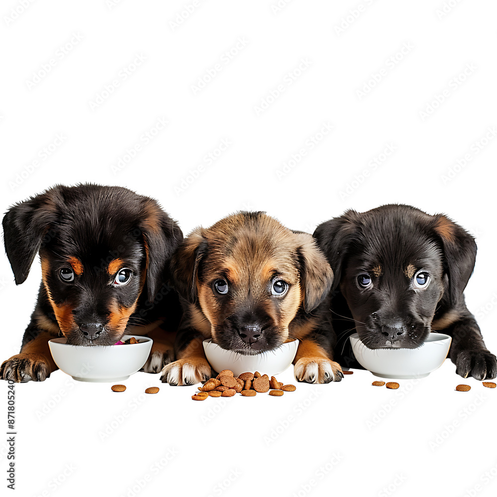Obraz premium Dog eating kibble, Puppies, featuring dogs of various breeds such as, all looking cute and adorable, isolated on transparent background.