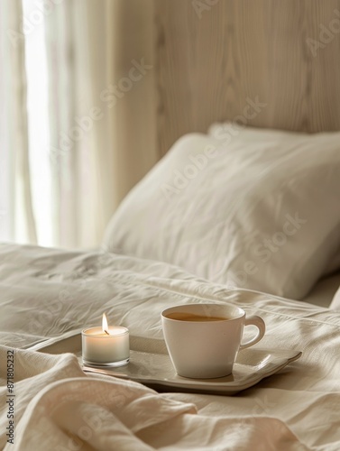 Cup of coffee and candle on a tray placed on the light beige bed with white pillows. Breakfast in bed. Hygge concept.