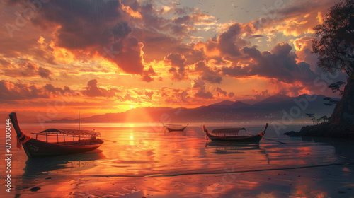 Sunset over a serene Japanese beach with traditional fishing boats