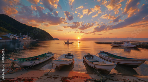 Sunset over a serene Japanese beach with traditional fishing boats